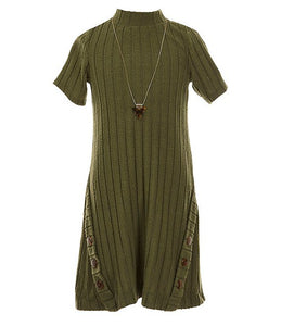 Olive Ribbed Knit Dress and Necklace