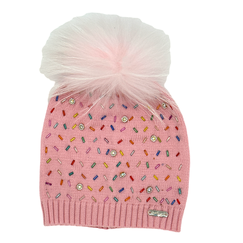 BL Sprinkle & Jeweled Hat with Fur Pom - Pink