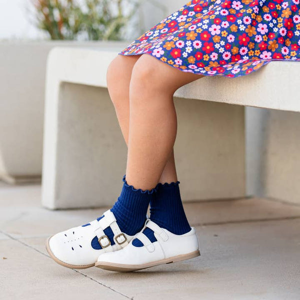 Ribbed Lettuce Trim Midi Socks - Bright Navy