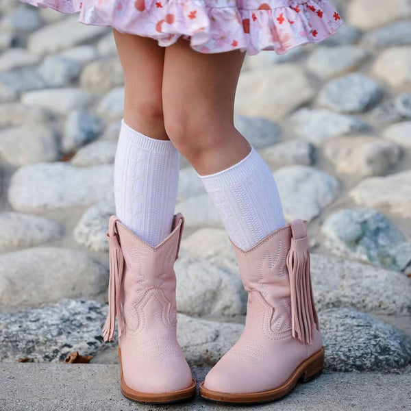 Cable Knit Knee High Socks-White