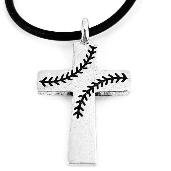 Baseball Stitch Cross Necklace On Black Rubber