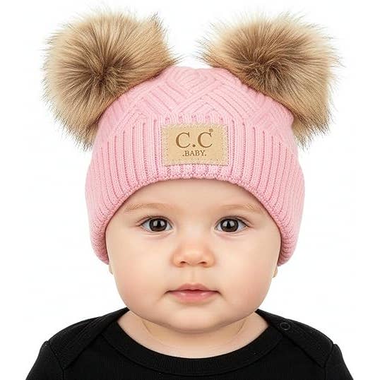 Baby Double Pom Beanie (Diagonal Basketweave/Pink)