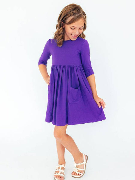 Purple 3/4 Sleeve Pocket Twirl Dress