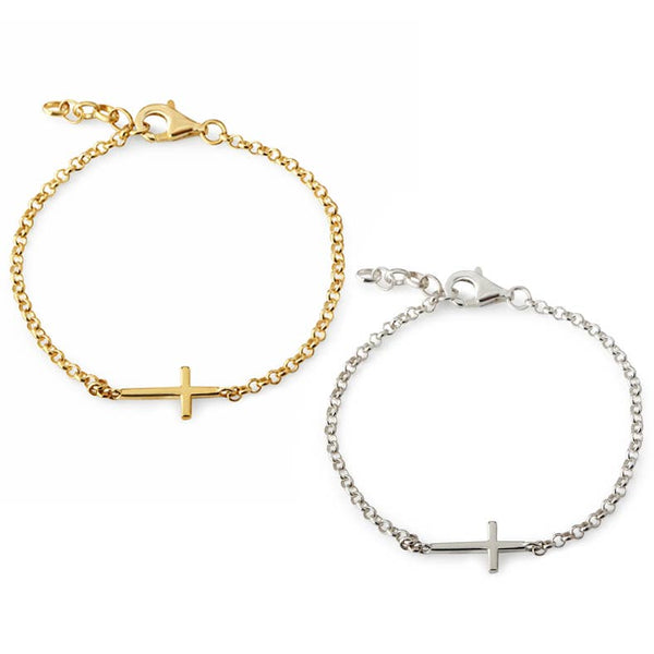 14k Gold-Plated Horizontal Cross Chain Children's Bracelet - Silver