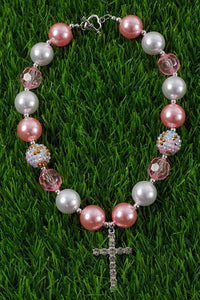 Pink Tone Bubble Gum Bead Necklace W/Cruz Pendant