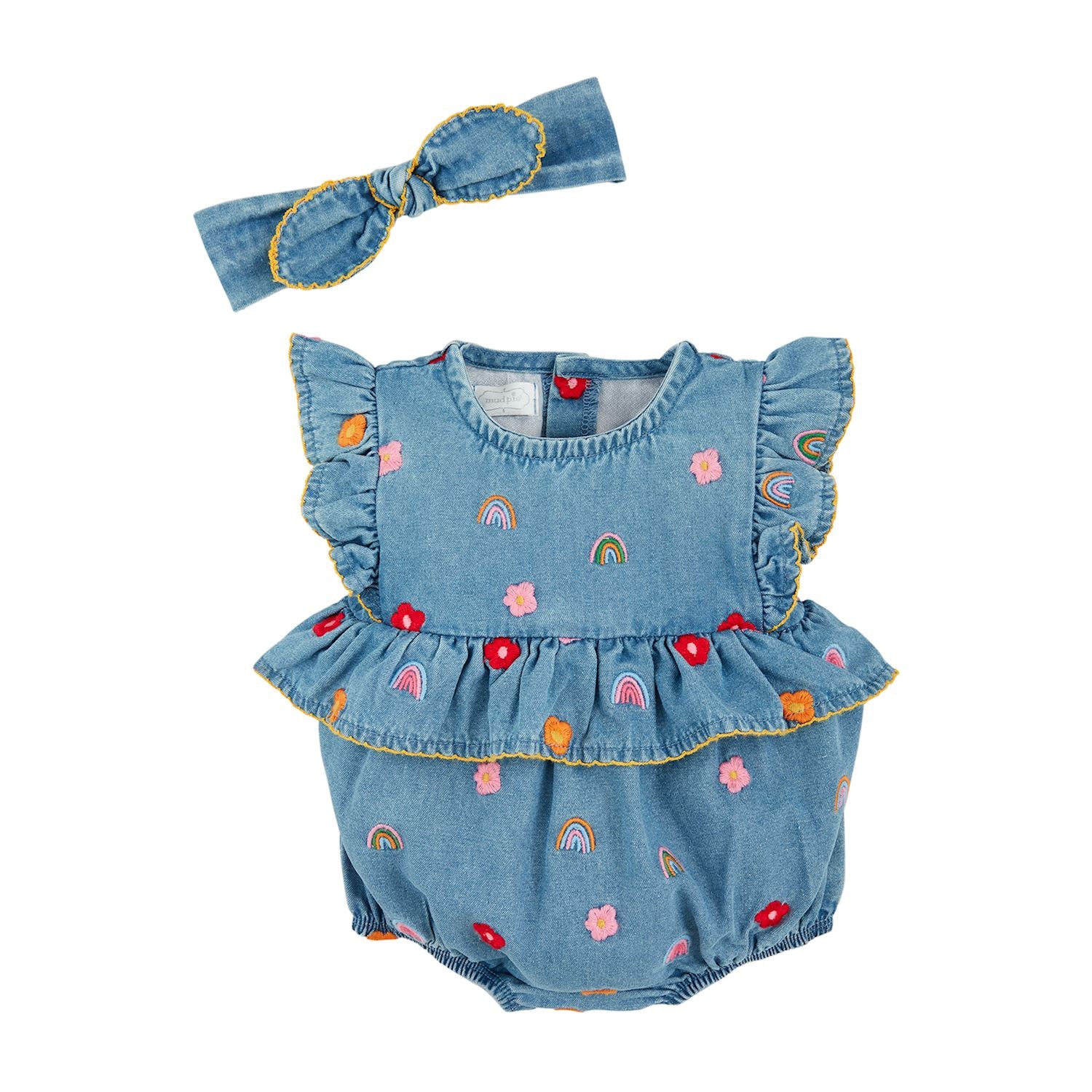 RAINBOW FLOWER DENIM BUBBLE & HEADBAND SET