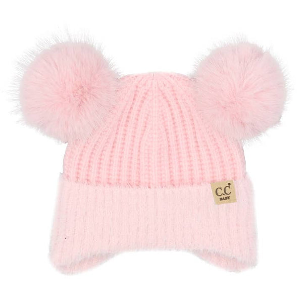 Infant Double Pom Chenille Earflap Beanie - Light Pink
