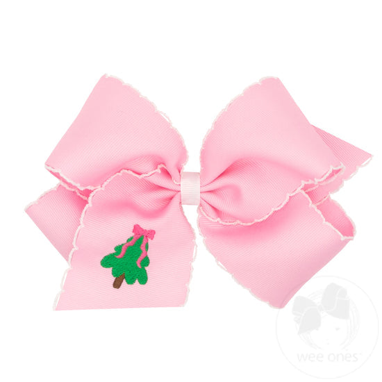 MEDIUM Grosgrain Hair Bow Moonstitch Edge-Holiday Themed Embroidery