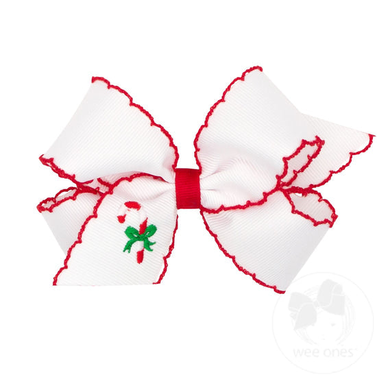 MEDIUM Grosgrain Hair Bow Moonstitch Edge-Holiday Themed Embroidery