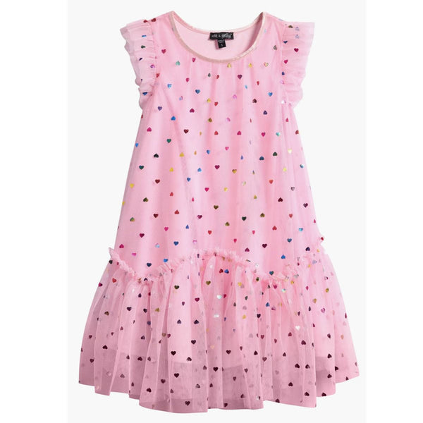 Foil Heart Mesh Trapeze Party Dress
