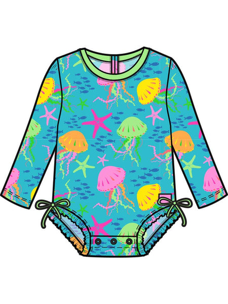 Neon Jelly Time Rash Guard Swimsuit with Signature Rear Ruffles