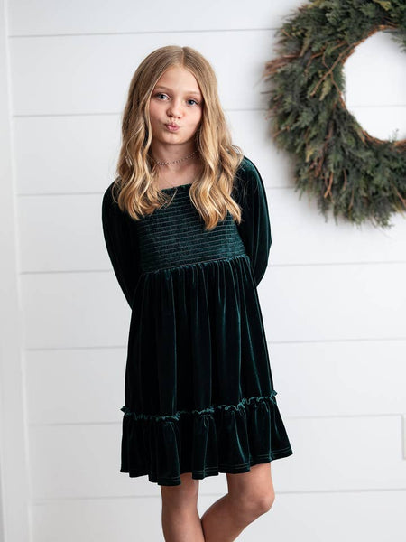 Dark Green Smocked Velvet Dress