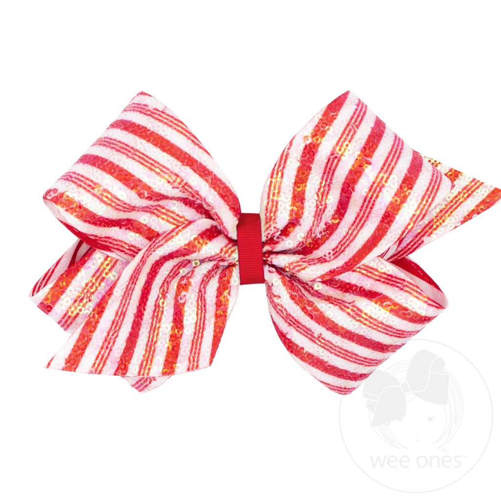 Holiday Stripe Printed Sequin King Hair Bow