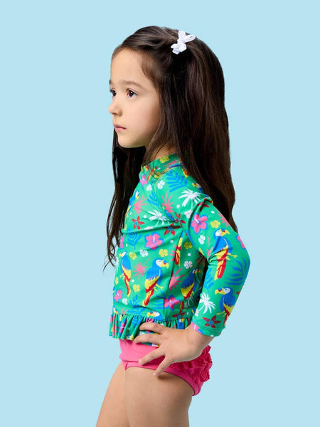 Parrot Palms LS Rash Guard 2-Piece Swimsuit with Signature Rear Ruffles