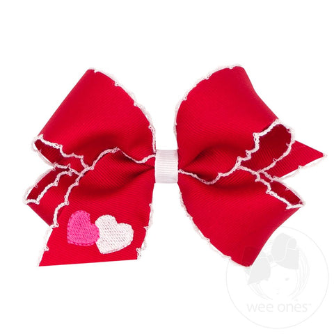 Red Medium Heart Embroidered Grosgrain Moonstitch Bow