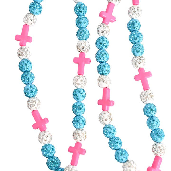 Teal White and Hot Pink Cross Bling Necklace