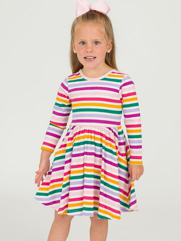 Colorful Rainbow Stripe Knit Long Sleeve Twirl Dress
