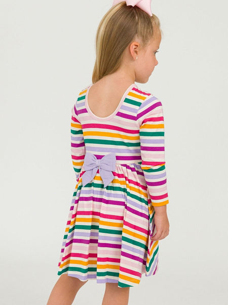 Colorful Rainbow Stripe Knit Long Sleeve Twirl Dress