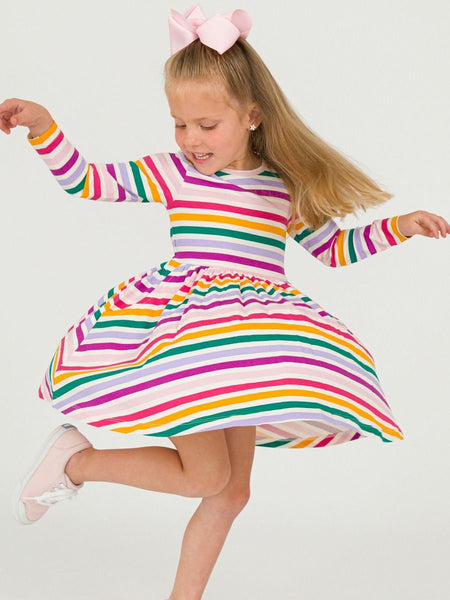 Colorful Rainbow Stripe Knit Long Sleeve Twirl Dress