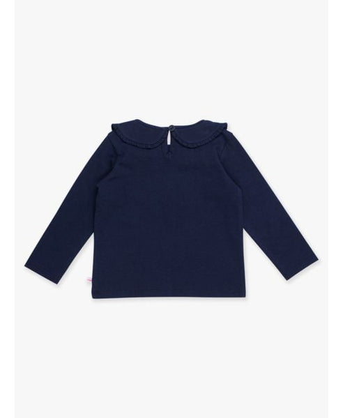 Dark Navy Knit Long Sleeve Ruffle Peter Pan Tee