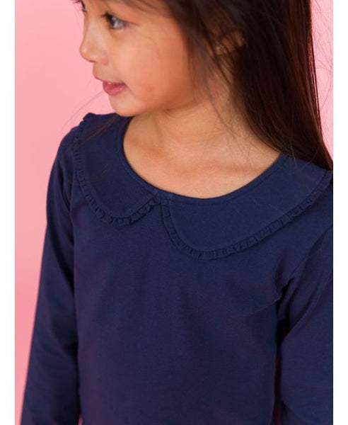 Dark Navy Knit Long Sleeve Ruffle Peter Pan Tee