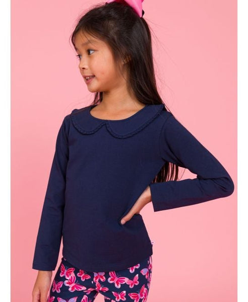 Dark Navy Knit Long Sleeve Ruffle Peter Pan Tee