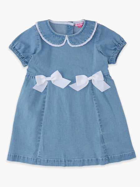 Stretch Denim Peter Pan Ruffle Bow Short Sleeve Dress