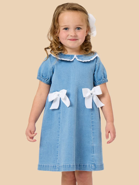 Stretch Denim Peter Pan Ruffle Bow Short Sleeve Dress