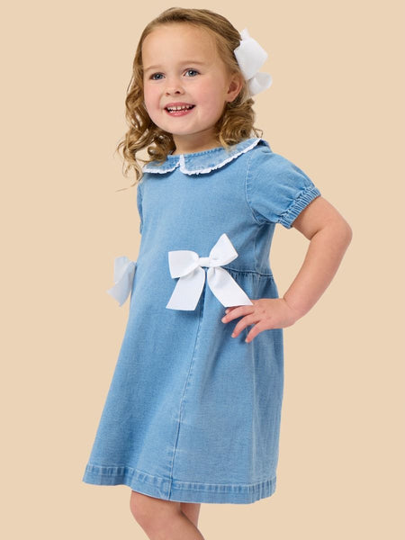 Stretch Denim Peter Pan Ruffle Bow Short Sleeve Dress