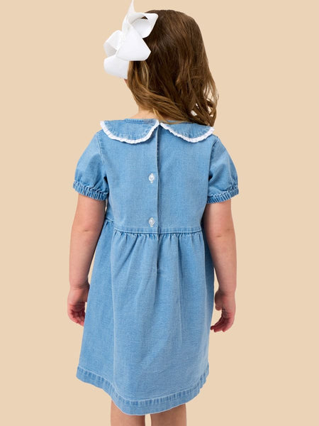 Stretch Denim Peter Pan Ruffle Bow Short Sleeve Dress