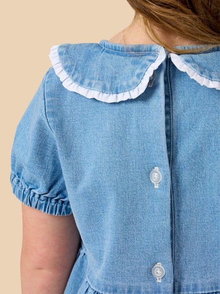 Stretch Denim Peter Pan Ruffle Bow Short Sleeve Dress