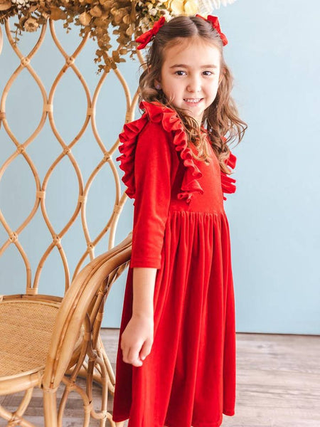 Red Velvet Ruffle Twirl Dress