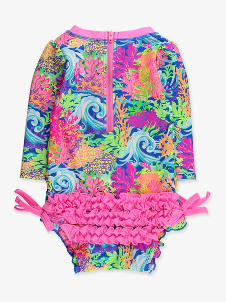 Neon Ocean Coral Rash Guard Ruffle Swimsuit