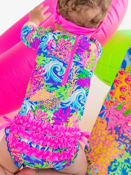 Neon Ocean Coral Rash Guard Ruffle Swimsuit
