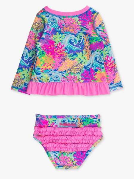 Neon Ocean Coral  Rash Guard 2-Piece Swimsuit With Ruffles