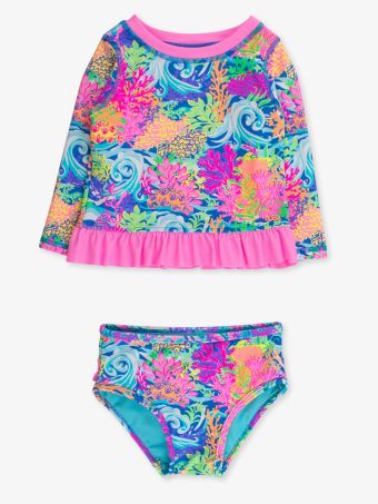 Neon Ocean Coral  Rash Guard 2-Piece Swimsuit With Ruffles