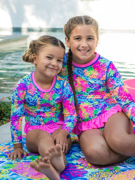 Neon Ocean Coral  Rash Guard 2-Piece Swimsuit With Ruffles