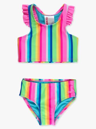 Neon Rainbow Stripe Racerback Flutter Tankini 2-Piece Swimsuit
