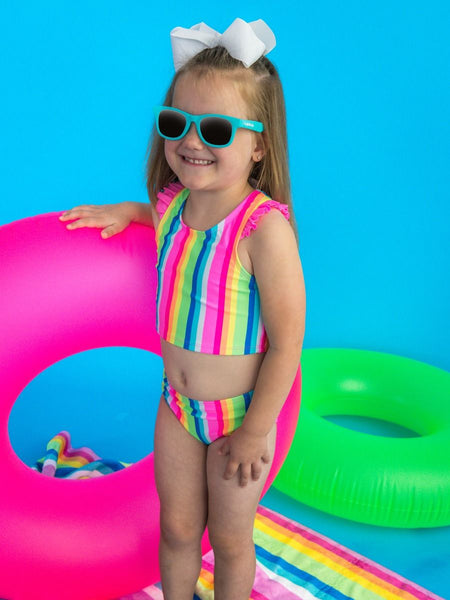 Neon Rainbow Stripe Racerback Flutter Tankini 2-Piece Swimsuit