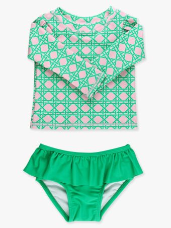Pink Coastal Cane Flutter Long Sleeve Rash Guard Skirted 2-Piece Swimsuit