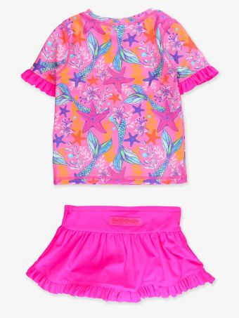 Neon Shimmer Mermaid Ruffle Rash Guard Skirted 2-Piece Swimsuit