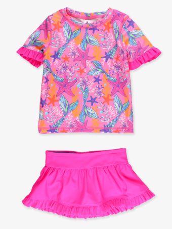 Neon Shimmer Mermaid Ruffle Rash Guard Skirted 2-Piece Swimsuit
