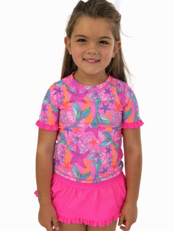 Neon Shimmer Mermaid Ruffle Rash Guard Skirted 2-Piece Swimsuit