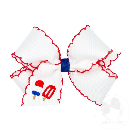 Grosgrain Hair Bow w/Moonstitch Edge & Patriotic Popsicle Embroidery