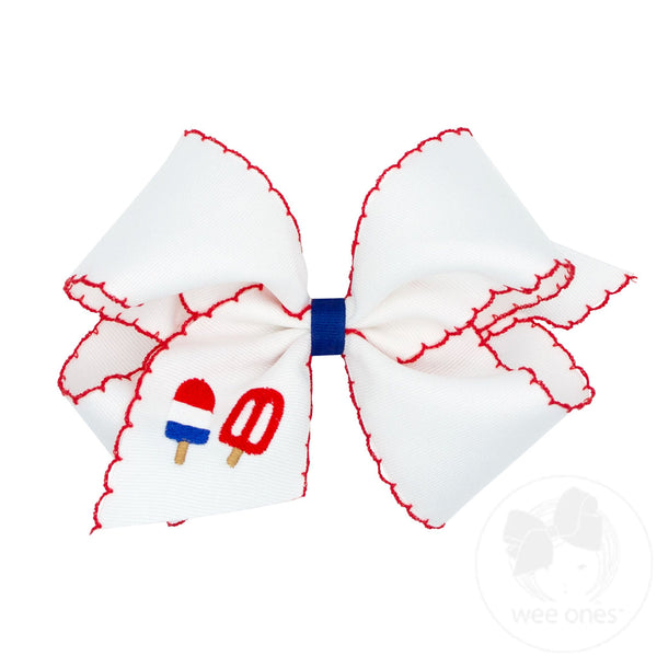 Grosgrain Hair Bow w/Moonstitch Edge & Patriotic Popsicle Embroidery
