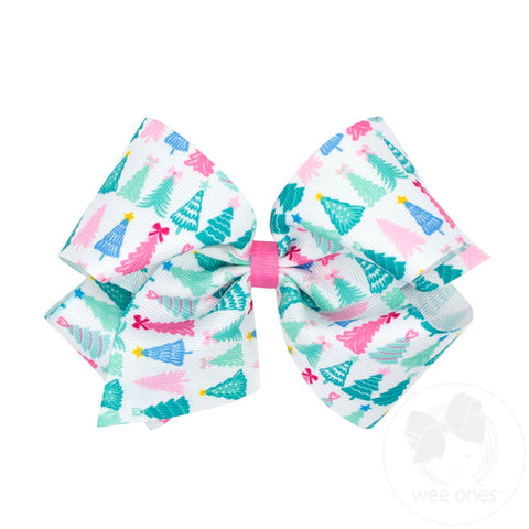 King Pink Christmas Tree Print Grosgrain Hair Bow