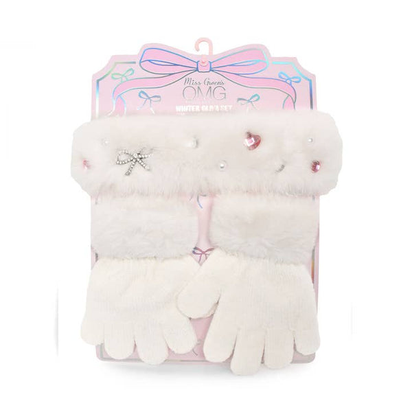 Rhinestone Bow Headband & Gloves Plush Winter Glam Set
