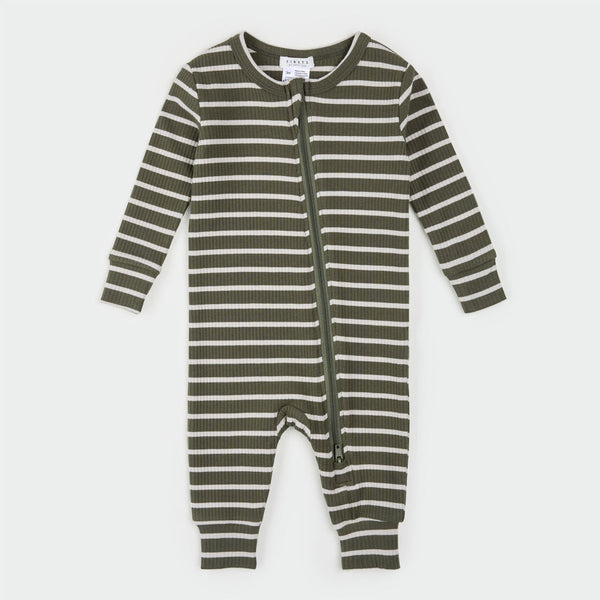 Dark Green Stripe Zip Romper