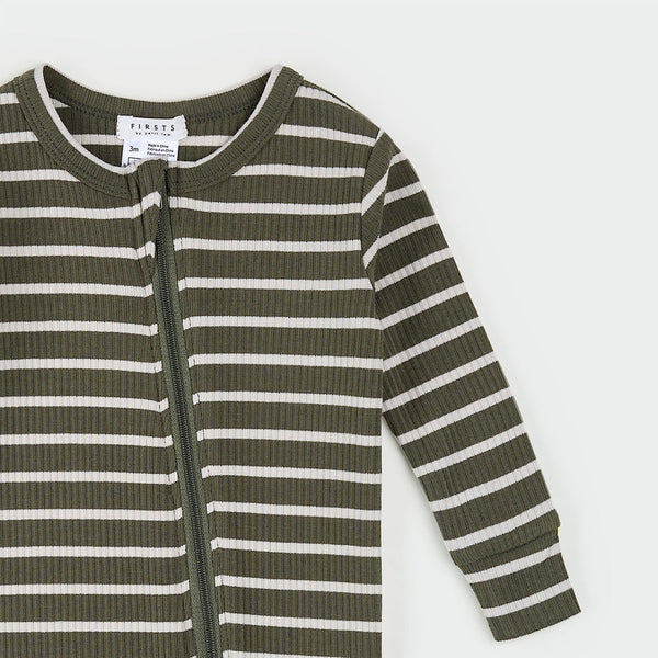 Dark Green Stripe Zip Romper