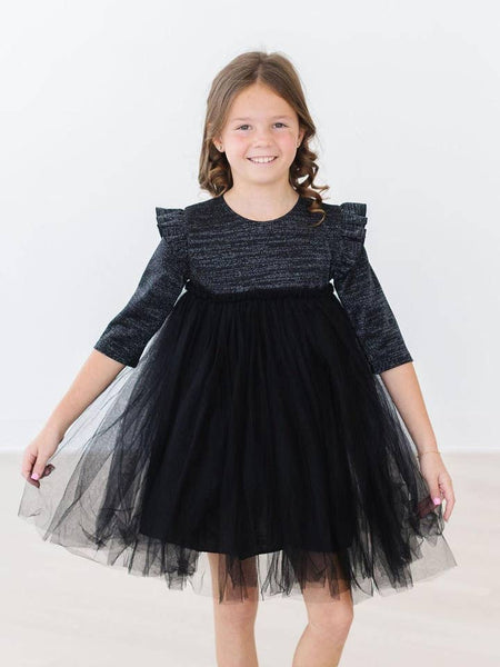 Black Shimmer 3/4 Sleeve Tutu Dress